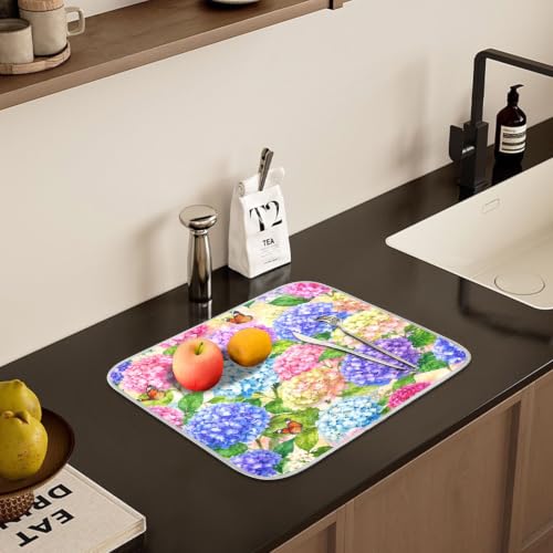 Hydrangea Flowers with Butterfly Dish Drying Mat for Kitchen Counter Absorbent Microfiber Large Drying Pad Dish mats for Kitchen Countertops 18 x 24 Inch (Spring Hydrangea Flowers / 24" x 18")