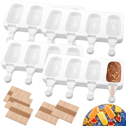 4 Set Silicone Popsicle Molds 4 Cavities Ice Cream Oval Cake Molds with 200 Sticks (4 Set / White)