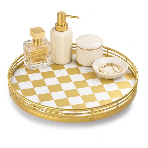 10 Inch Gold Checkerboard Lazy Susan Vanity Tray with Metal Rail (Gold & White / 10 inches)