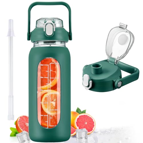 56oz Glass Water Bottles with Straw (Ink green / 56 Ounces)