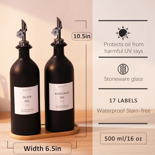 Olive Oil Dispenser for Kitchen (16oz-Black&Black Spout+Tray / 16 fl oz)