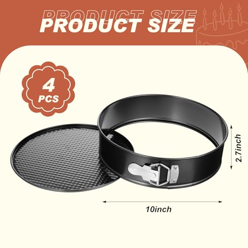 4 Pcs 10 Inch Non Stick Springform Pan with Removable Bottom Carbon Steel Round Springform Cheesecake Pan with Stainless Steel Spring Buckles for Baking Kitchens Restaurant (Black / 10 Inch)