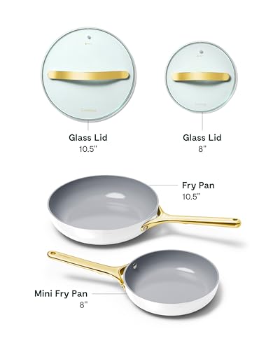 Ceramic Non Stick Fry Pan Set with Glass Lids (2x 10.5 IN & 1x 8 IN / White)