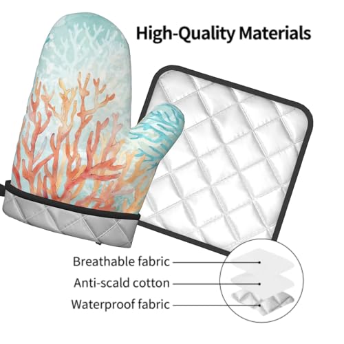 Coastal Coral Oven Mitts and Pot Holder Set of 2 Beach Ocean Heat Resistant Kitchen Oven Mittens Potholders for Baking Cooking Grilling BBQ (Coastal Coral)