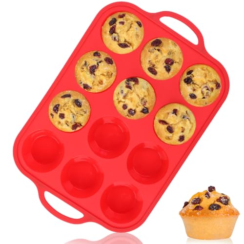 Silicone Muffin Pan with Metal Reinforced Frame Regular Size Muffin Pan with Handle Easy to Move 12 Cups for Baking Nonstick Muffin Tin BPA Free 1 Pack Red (Metal Framed: 12-Cup Regular)