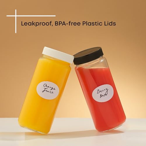 16 oz Reusable Glass Bottles with Caps. Set of 8 Juicing Bottles With Lids and Juice Jars Labels. Glasses for Cold Brew (White Lids)