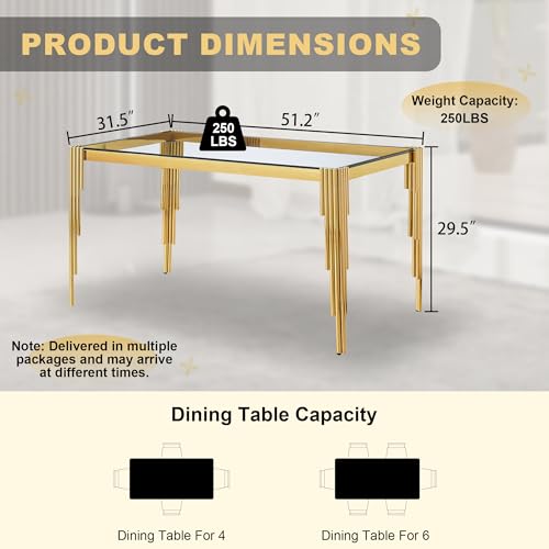 51'' Modern Glass Dining Table for 4 People (Gold-clear / Rectangle-51.18" L x 31.50" W x 29.53" H)