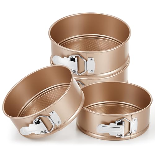 4 Pcs 7 Inch Non Stick Springform Pan with Removable Bottom Carbon Steel Round Springform Cheesecake Pan with Stainless Steel Spring Buckles for Baking Kitchens Restaurant (Champagne Gold / 7 Inch)