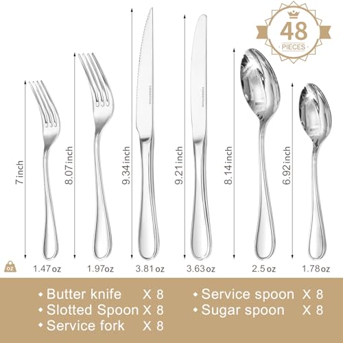 48 Piece Silverware Set for 8 with Steak Knives (Silver / 48-Piece)