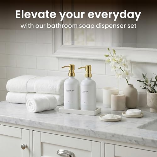 Bathroom Soap Dispenser Set (White Bottles Golden Pumps White Tray)