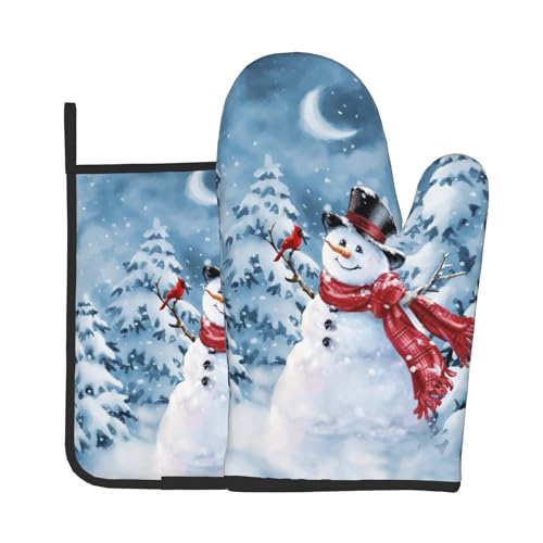 Blue Snowman Oven Mitts and Pot Holder Set of 2 Winter Snow Kitchen Gloves Potholders Heat Resistant for Chef Baking Cooking Grilling BBQ (Blue Snowman)