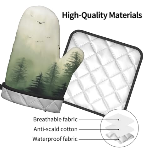 Green Misty Forest Oven Mitts and Pot Holder Set of 2 Mountain Woodland Heat Resistant Kitchen Gloves Hot Pad for Baking Cooking Microwave (Green Forest)