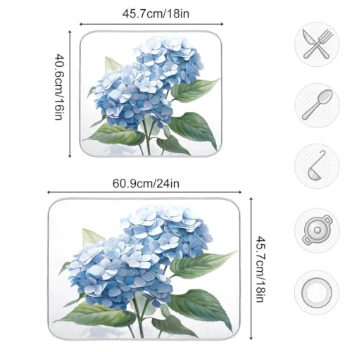 Blue Hydrangeas Flower Dish Drying Mat for Kitchen Counter Absorbent Microfiber Drying Pad (18" x 18")