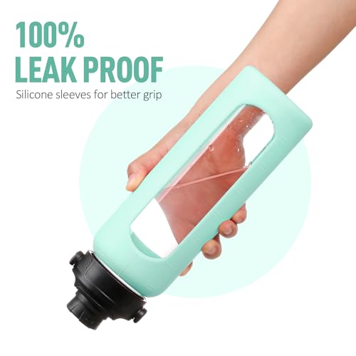 32oz Glass Water Bottle with Straw and 2 Lids (Mint Green / 32 Ounces)