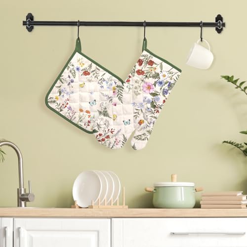 Wildflower Oven Mitts and Pot Holders Set (Grass / Oven Mitt x1 & Pot Holder x1)