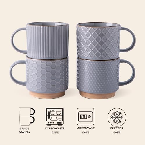 12 OZ Stackable Coffee Mugs Set of 4 (Gray / 12 Ounces)