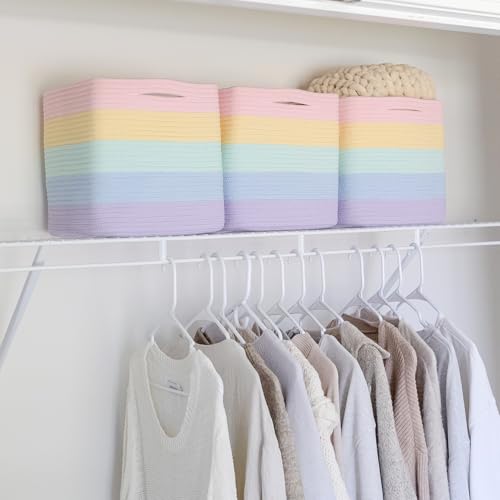 Storage Cubes 11 Inch Cotton Rope Woven Baskets for Organizing (Pastel Rainbow)