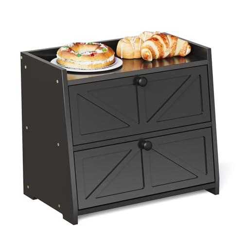Vintage Double Layer Bread Box for Kitchen Counter Bamboo Bread Storage Container Large Capacity Bread Storage Bin (Black)