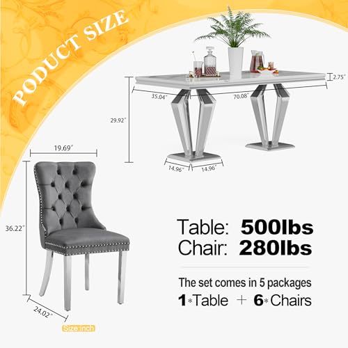 7 Piece Luxury Dining Room Set (Silver White + Grey / Dining Table + 6 Velvet Chair)