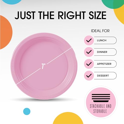 Pink Plastic Plates For Party 7" Pink Disposable Plates For Party Supplies 100 Pcs Plastic Dinnerware Sets Heavy Duty 350 GSM Disposable Dinnerware Set (7 inch / Pink)