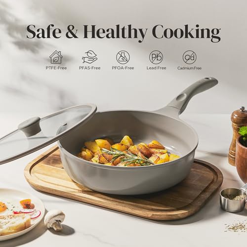 Deep Ceramic Frying Pan with Lid (Gray / 10inch Saute Pan With Lid)
