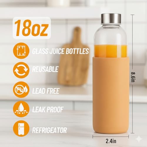18 oz Glass Water Bottles with Lids and Silicone Sleeve 10 Pack (silicone sleeve-10pack / 18 Ounces)