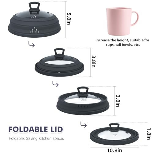 Tall Microwave Splatter Cover Glass Cover Guard Lid 7 inch Height with Collapsible Silicone for Food Pot Plate 10 inch Grey (10.8 inch / Grey (Taller style))