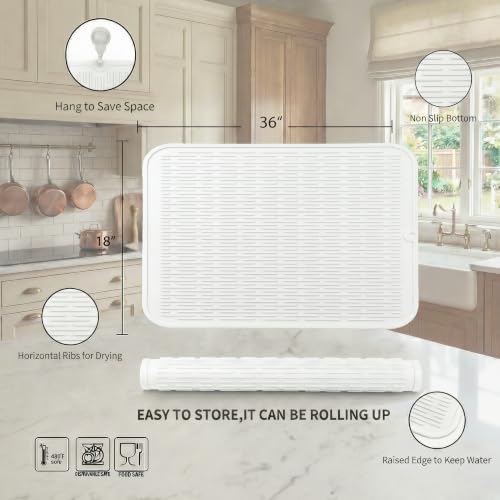 Silicone Dish Drying Mat for Multiple Usage (White / 36"L x 18"W)