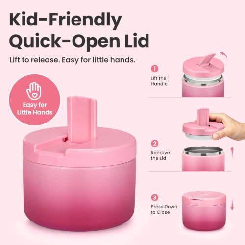 12oz Insulated Vacuum Food Jar with Buckle Lid Wide Mouth Soup Thermo for Hot Food Kids Leakproof Stainless Steel Lunch Container (Gradient Pink / 12OZ)