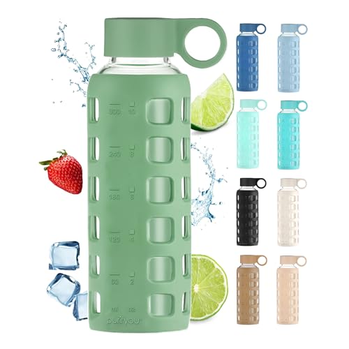 40oz / 32oz / 22oz / 12oz Borosilicate Glass Water Bottle with Time & Volume Markers, Silicone Sleeve, Stainless Steel Lid | Reusable Glass Bottle for Water & Juice (12oz Shale Green) (Shale Green (1 Count) / 12 Ounces)