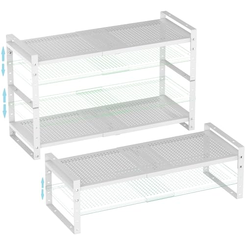 Expandable Shoe Rack Stackable Metal Pantry Storage Shelves Stand Adjustable Height Cabinet Shelf Organizer Racks Spice Shelving (White / 3PACKS/WHITE/LARGE)