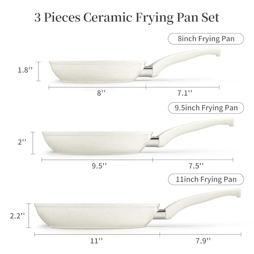 Nonstick Ceramic Frying Pans Skillets Set 8"+9.5"+11" (Cream White)