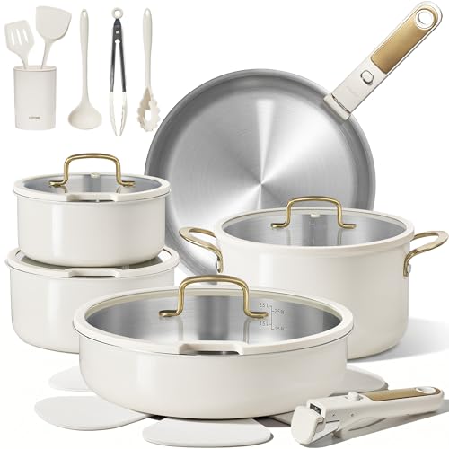 21pcs Tri Ply Stainless Steel Cookware Set with Detachable Handle (White / 21 PCS)
