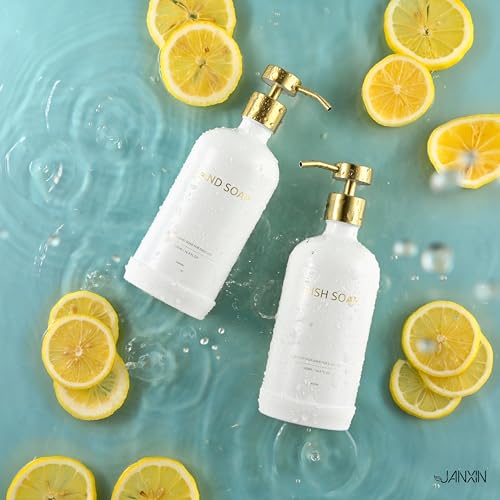 Glass Kitchen Soap Dispenser Set with Ceramic Tray (White Bottles + Gold Pumps)