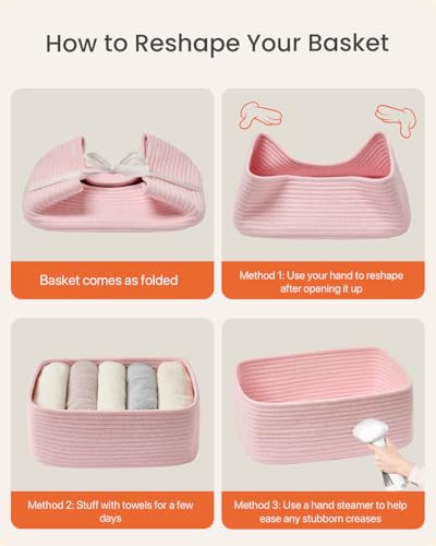 Small Woven Storage Basket for Organizing (Light Pink / 13.5"L x 9.5"W x 5"H)
