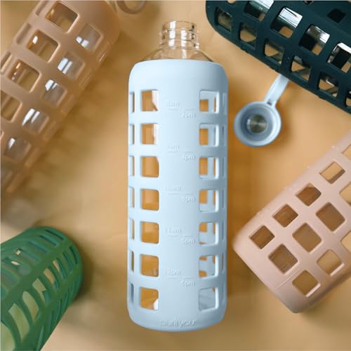 40oz / 32oz / 22oz / 12oz Borosilicate Glass Water Bottle with Time & Volume Markers, Silicone Sleeve, Stainless Steel Lid | Reusable Glass Bottle for Water & Juice (32oz Ice Blue) (Ice Blue (1 Count) / 32 Ounces)
