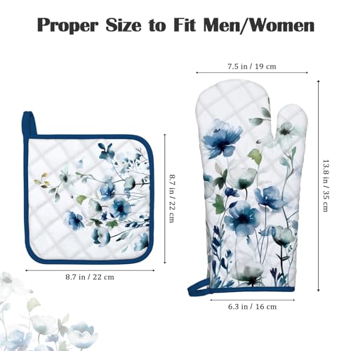Blue Watercolor Flower Oven Mitts and Pot Holder Set (Blue Watercolor Flower / Oven Mitt x1 & Pot Holder x1)