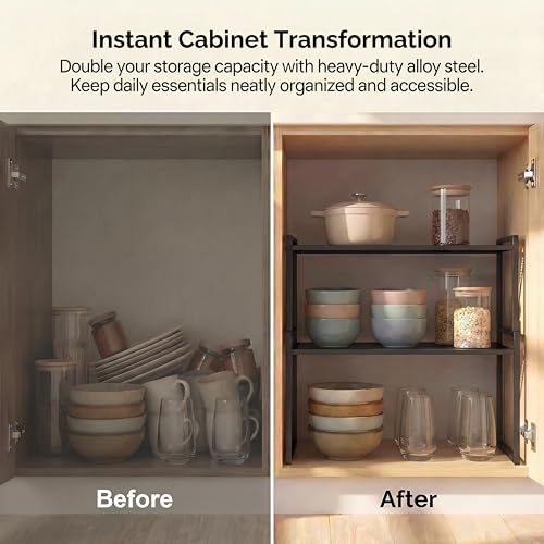 Stackable Kitchen Cabinet Organizer Shelves Pantry Rack Set of 2 (Charcoal Black / 16.1'' W)