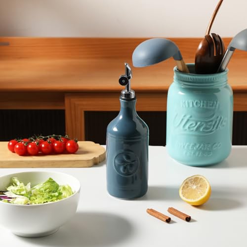 Sweejar 16 Oz Ceramic Olive Oil Dispenser Bottle (Fog Blue / 16 Oz(Silver Spout))