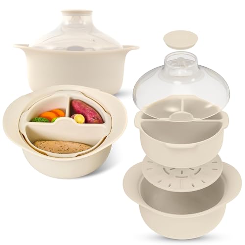 48oz Platinum Silicone 3 Compartmented Microwave Steamer Pot with Handle & Lid (48oz / Ivory)