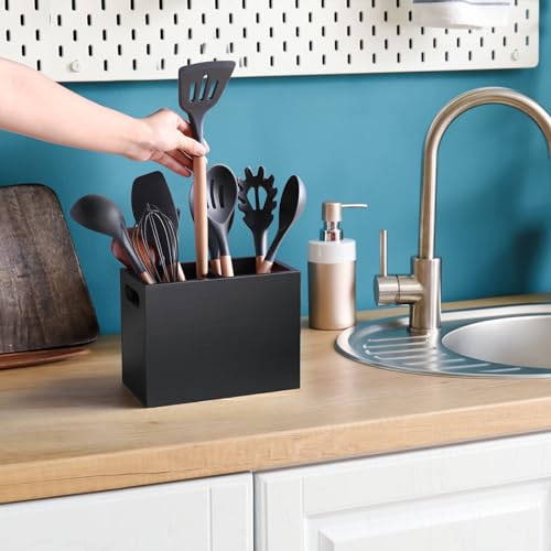 Black Utensil Holder for Kitchen Counter (Black / 2 Compatment)