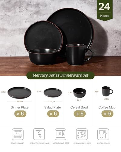 Mercury 24 Piece Dinnerware Set with Mugs (Matte Black / Service for 6 (Include Mugs))