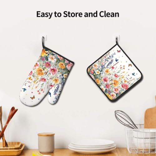 Spring Flower Oven Mitts and Pot Holder Kitchen Accessories Sets Botanical Floral Heat Resistant BBQ Cooking Oven Gloves Washable Hot Pads (Botanical Floral)