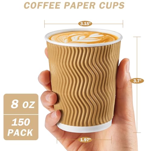 150 Pack 8 oz Disposable Paper Coffee Cups Insulated Champagne (Champagne / 8 oz)