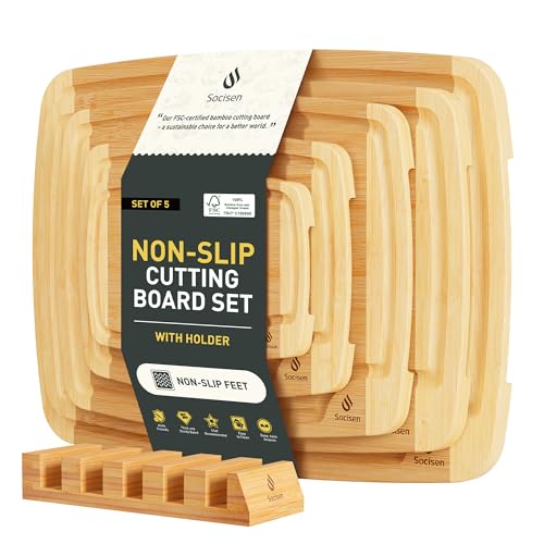 Bamboo Cutting Board Set Non Slip Feet with Holder Over Sink Wooden Cutting Boards Eating Grilling Biard Cutboard Biard Chtting Woodcutting Cuttingboards Voard Oard Bord 12x18 11 x 14 Baords Baord (5 Pack with Holder / Two-Tone Bamboo)