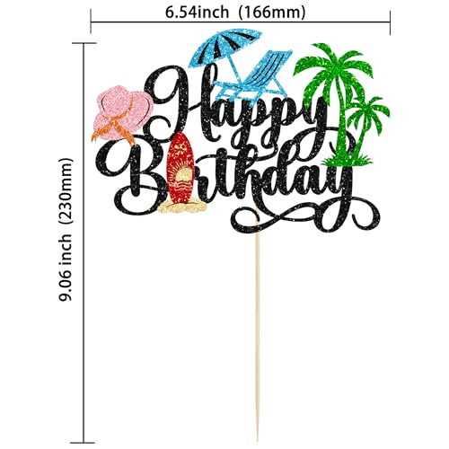 1Pcs Summer Beach Happy Birthday Cake Topper Glitter Ball Tree Umbrella Pool Cake Pick for Hawaiian Holiday Baby Shower Birthday Party Cake Decorations Supplies Black
