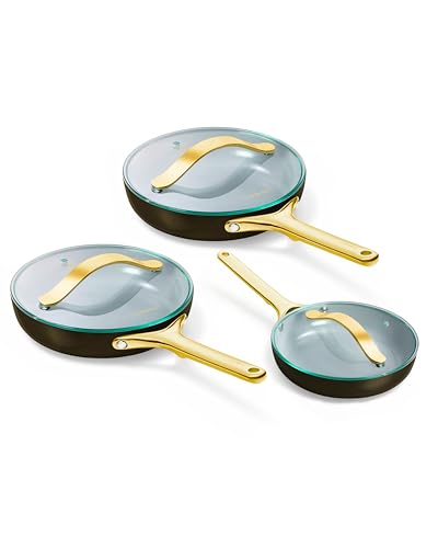 Ceramic Non Stick Fry Pan Set with Glass Lids (2x 10.5 IN & 1x 8 IN / Black)