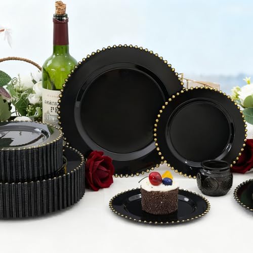 100pcs Black Plastic Plates with Gold Beads for Wedding Party (Black and Gold Plastic Plates / 100PCS)