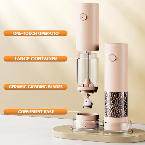Electric Salt and Pepper Grinder Set Automatic Battery Pepper Mill Shakers Adjustable Coarseness Upgraded Larger Capacity with Led Home and Kitchen Appliances Birthday Gifts for Women Mom (Orange)