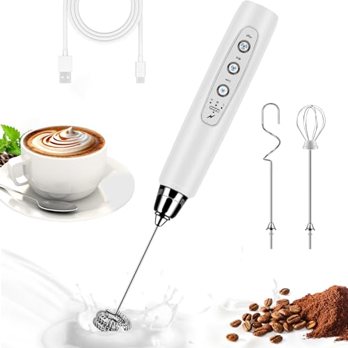 Milk Frother Wand Rechargeable Handheld Whisk Coffee 3 Speed Adjustable (Basic Frother / White)
